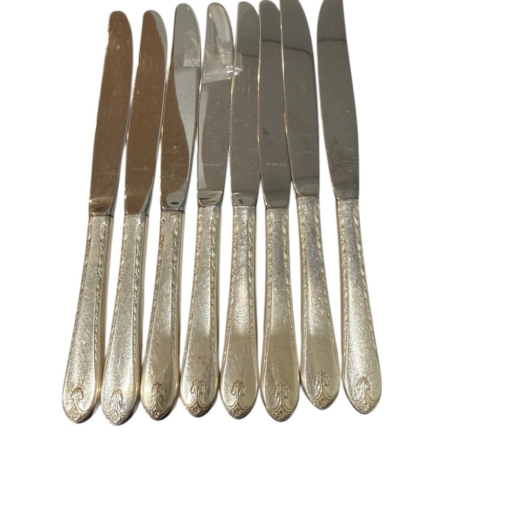 W M Rogers & Son Silverplate Flatware 8 Dinner Knives Exquisite IS Silver Co.